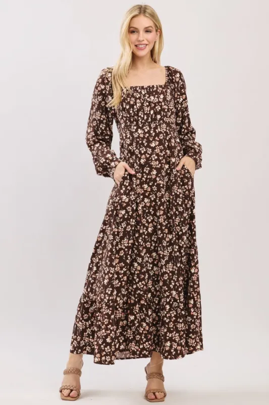 Brown Floral Square Neck Long Sleeve Maxi Dress sold by Pinkblush