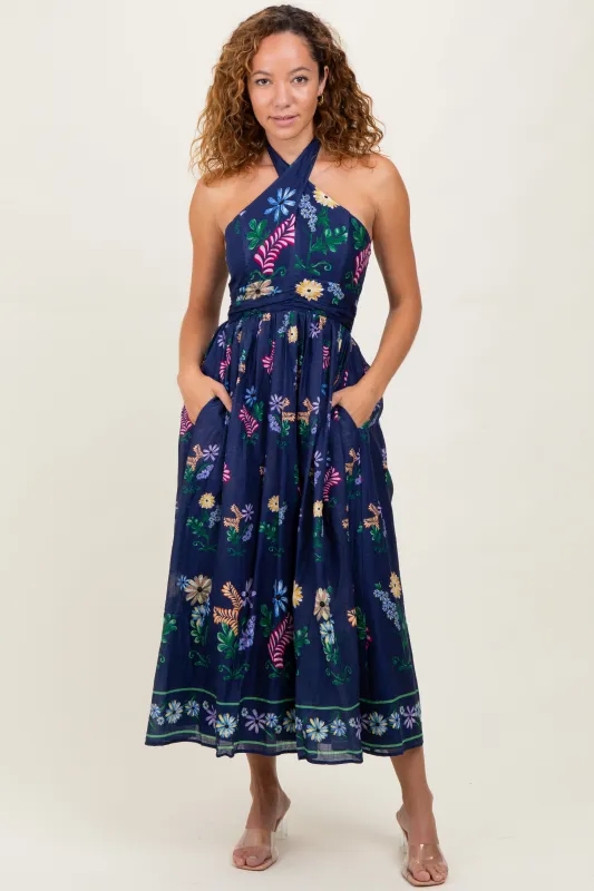 Navy Multi Floral Maxi Dress sold by Pinkblush