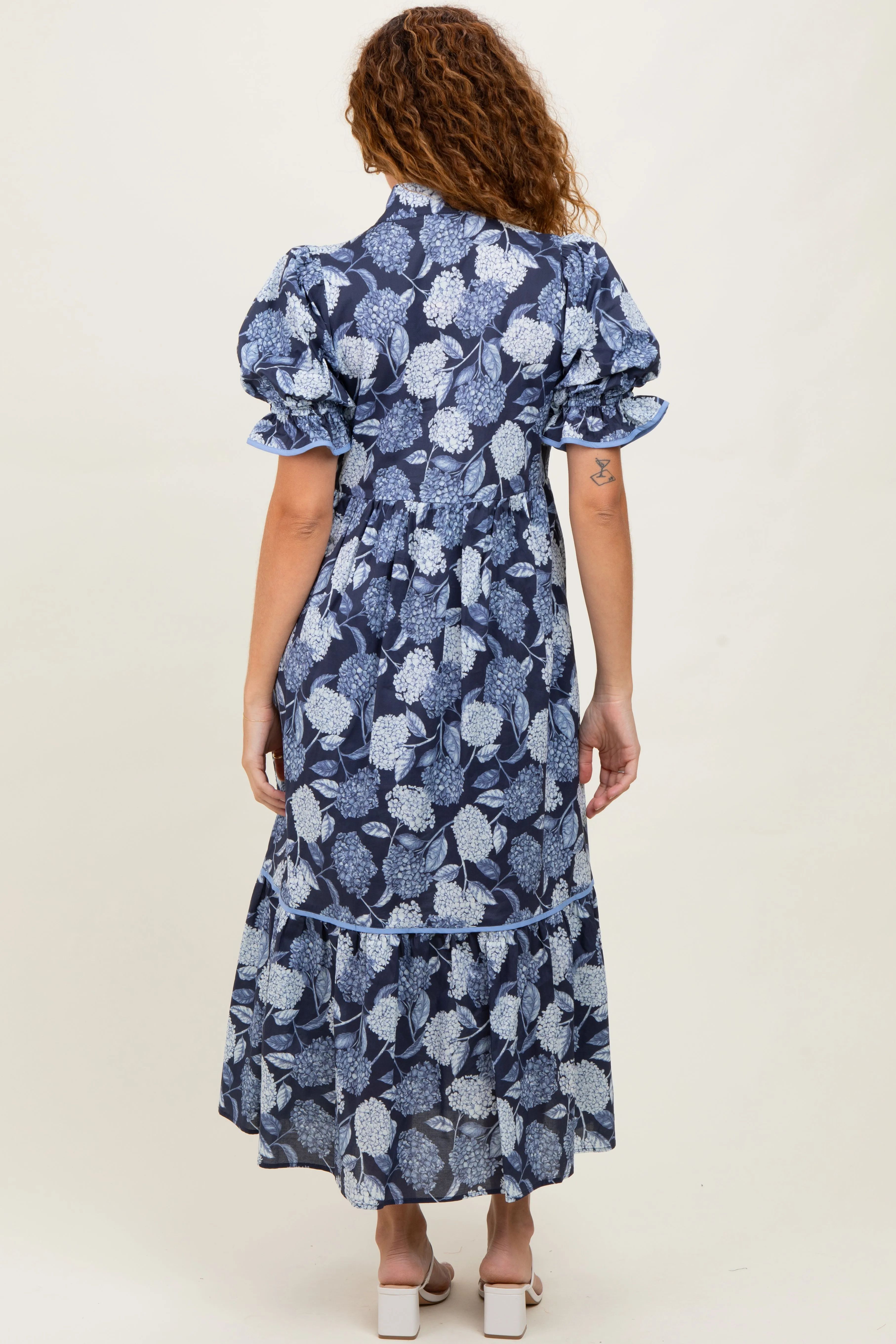 Navy Floral Split Button Collar Puff Sleeve Midi Dress sold by Pinkblush product image thumbnail 4