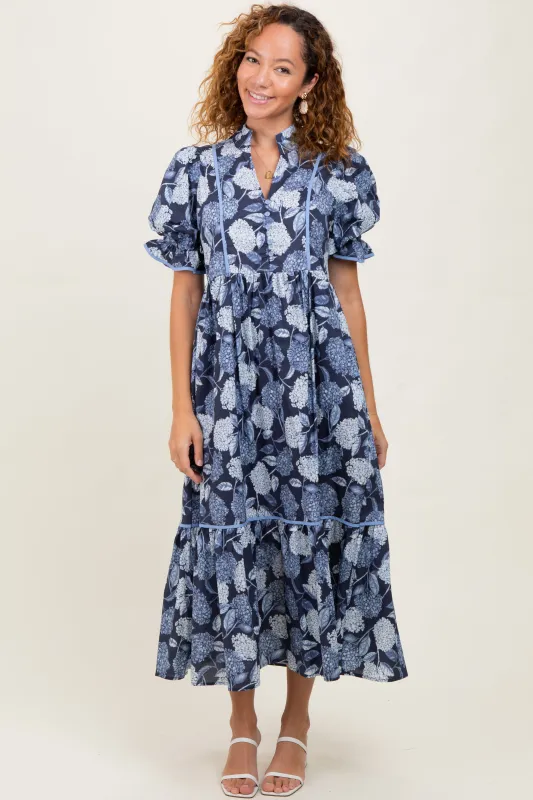 Navy Floral Split Button Collar Puff Sleeve Midi Dress sold by Pinkblush