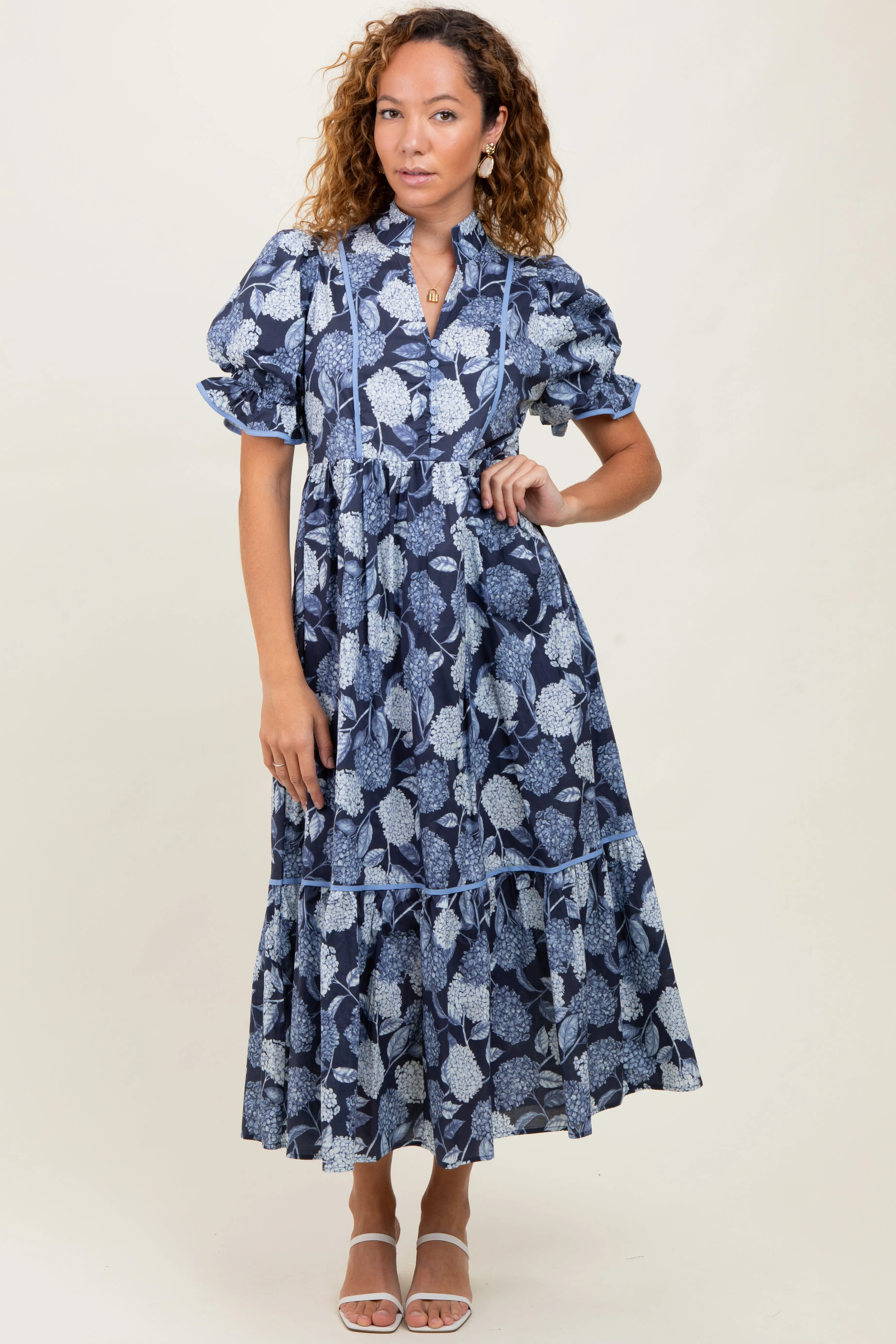 Navy Floral Split Button Collar Puff Sleeve Midi Dress sold by Pinkblush product image thumbnail 2