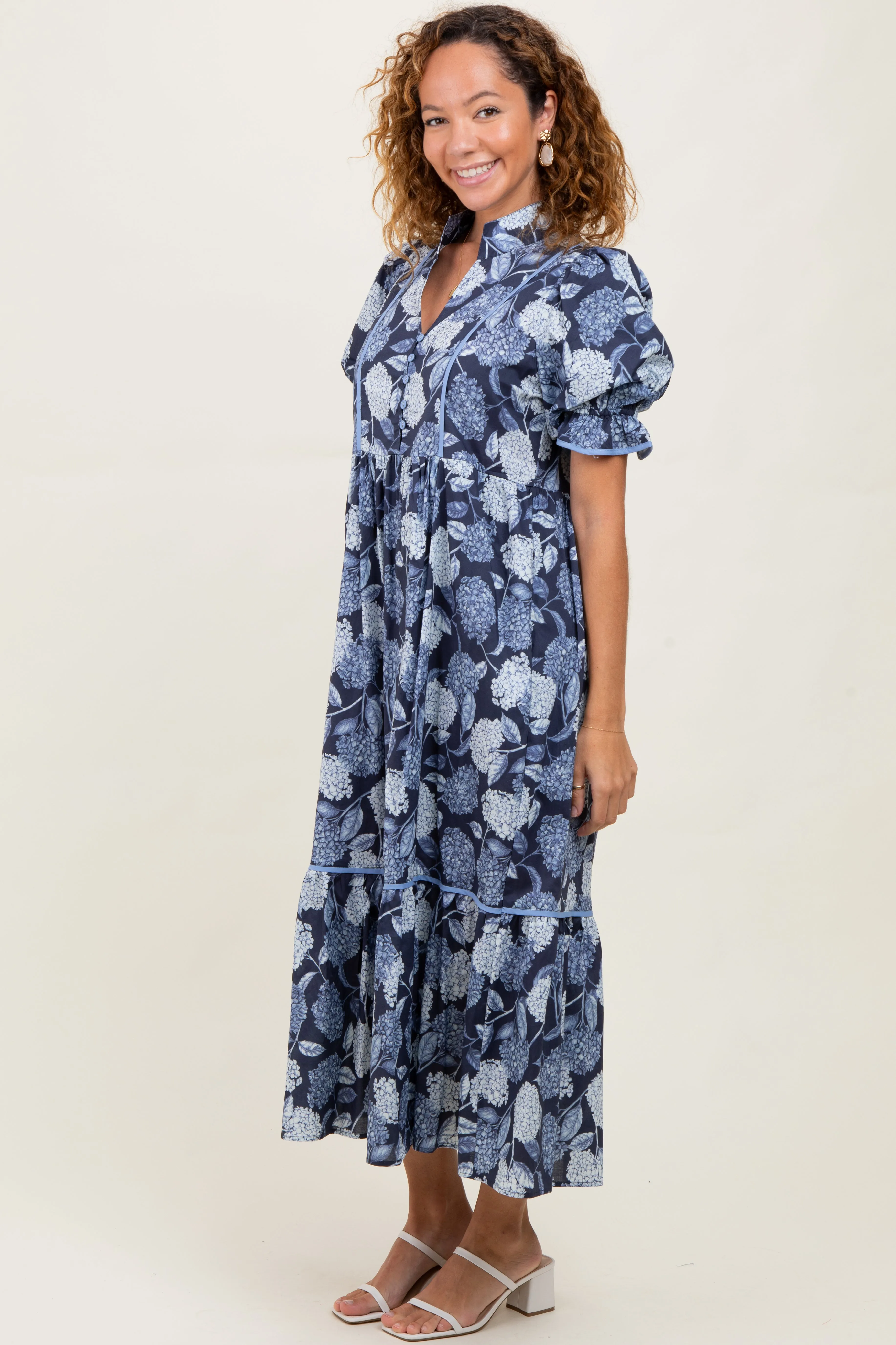Navy Floral Split Button Collar Puff Sleeve Midi Dress sold by Pinkblush product image thumbnail 3