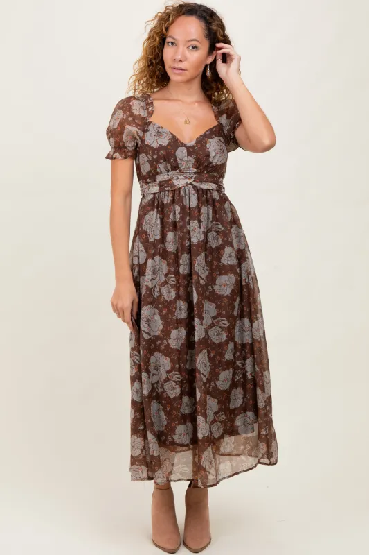 Brown Floral Chiffon Sweetheart Neckline Midi Dress sold by Pinkblush