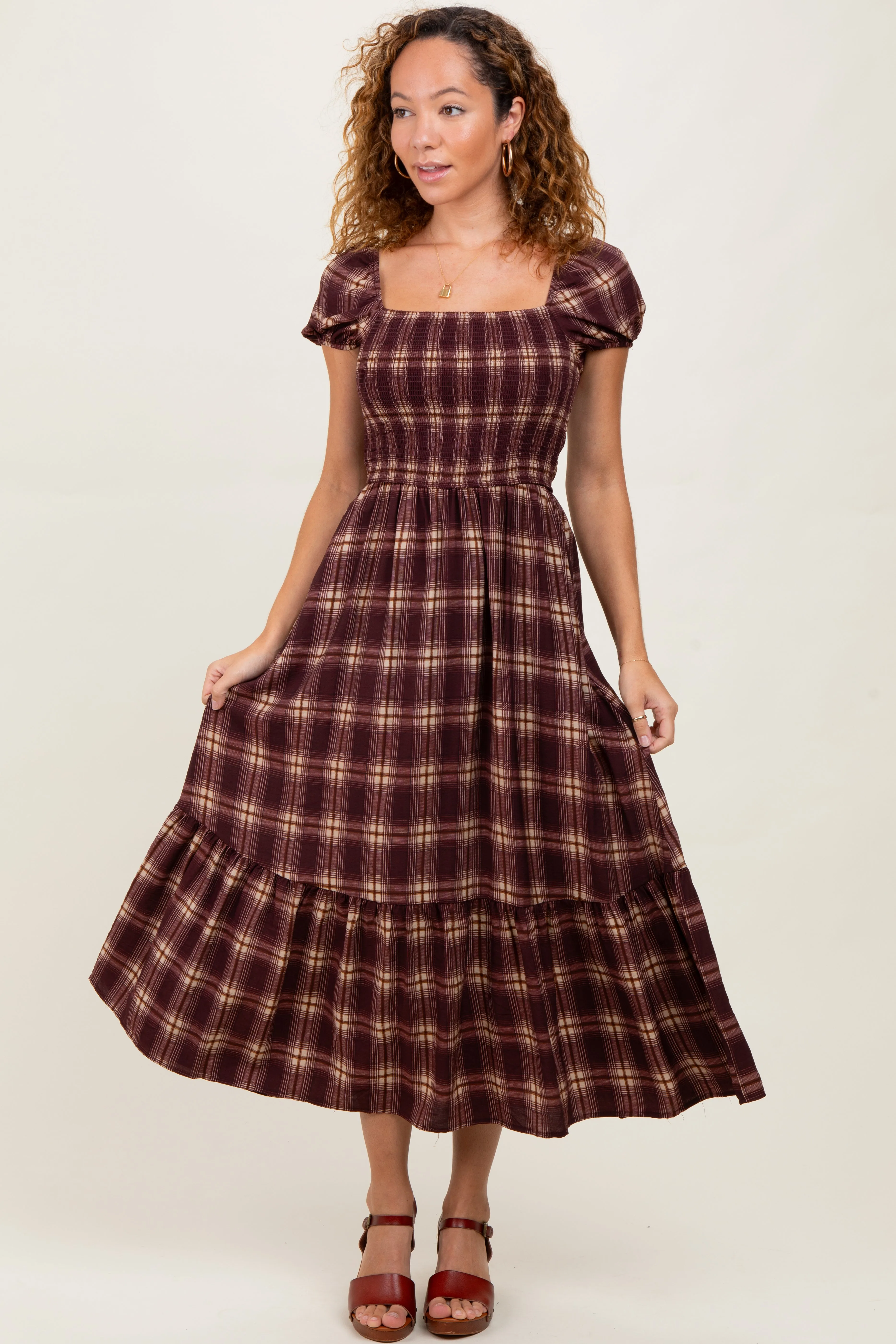 Burgundy Plaid Smocked Puff Sleeve Midi Dress sold by Pinkblush product image thumbnail 2