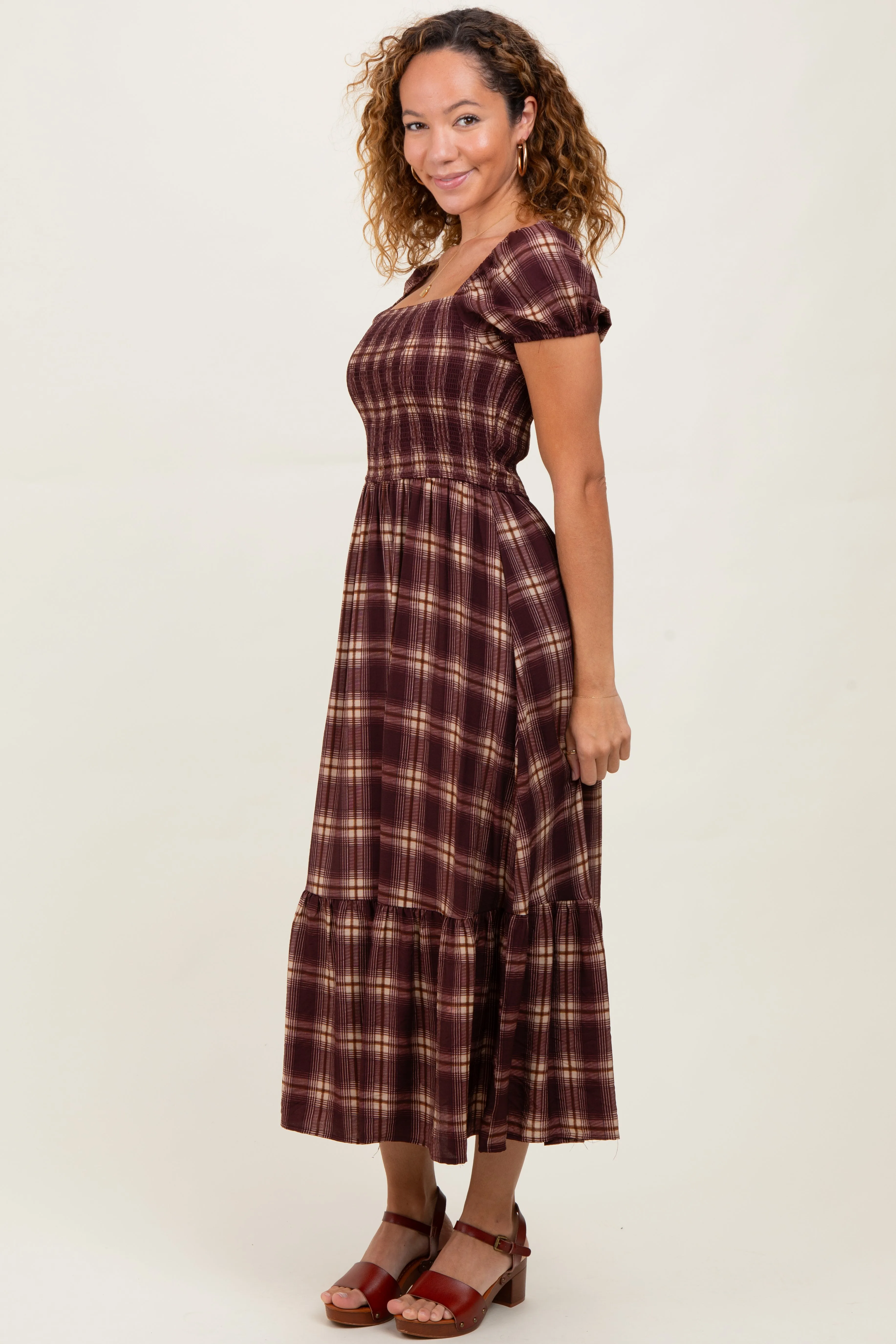 Burgundy Plaid Smocked Puff Sleeve Midi Dress sold by Pinkblush product image thumbnail 3