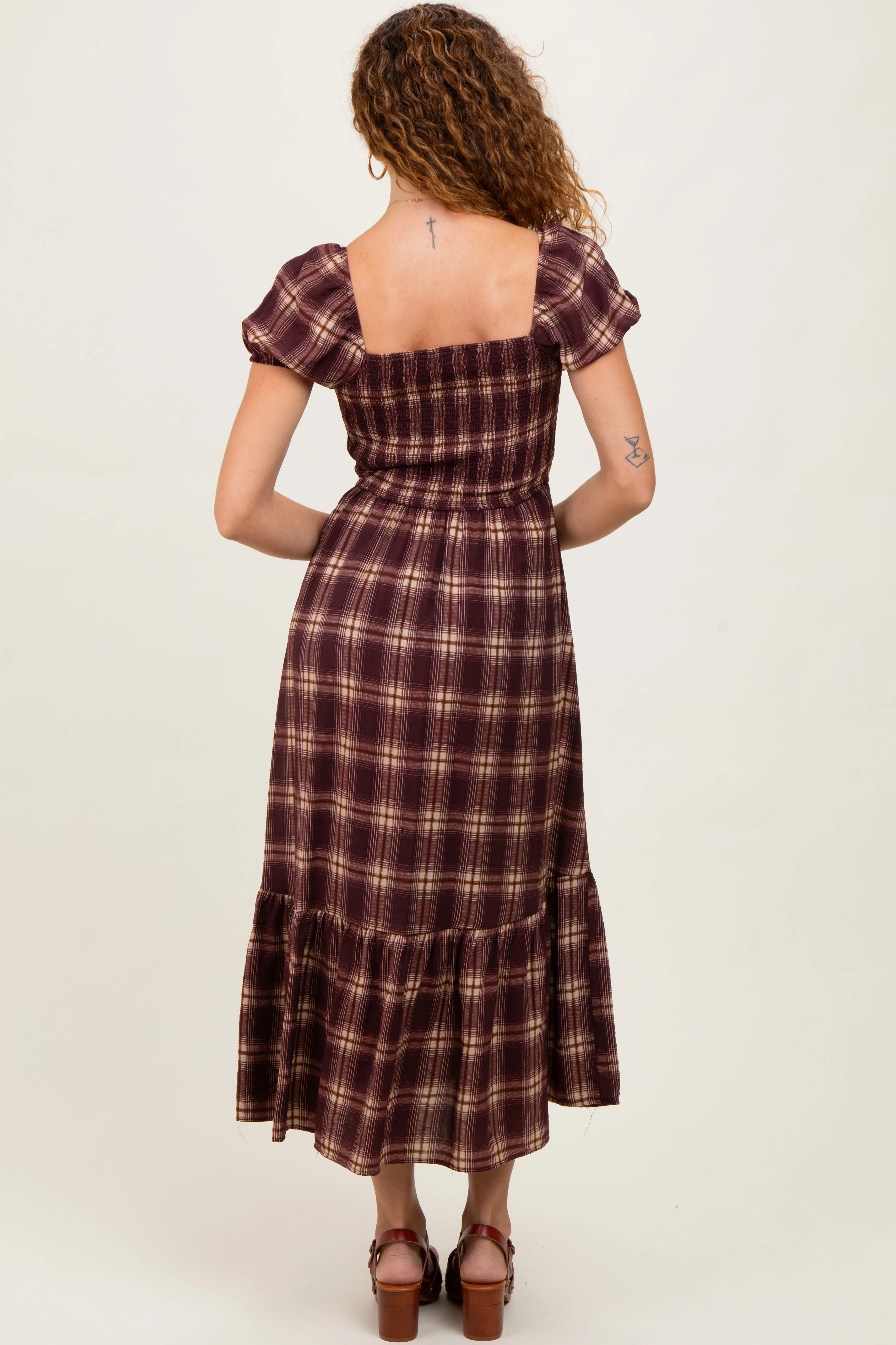 Burgundy Plaid Smocked Puff Sleeve Midi Dress sold by Pinkblush product image thumbnail 4