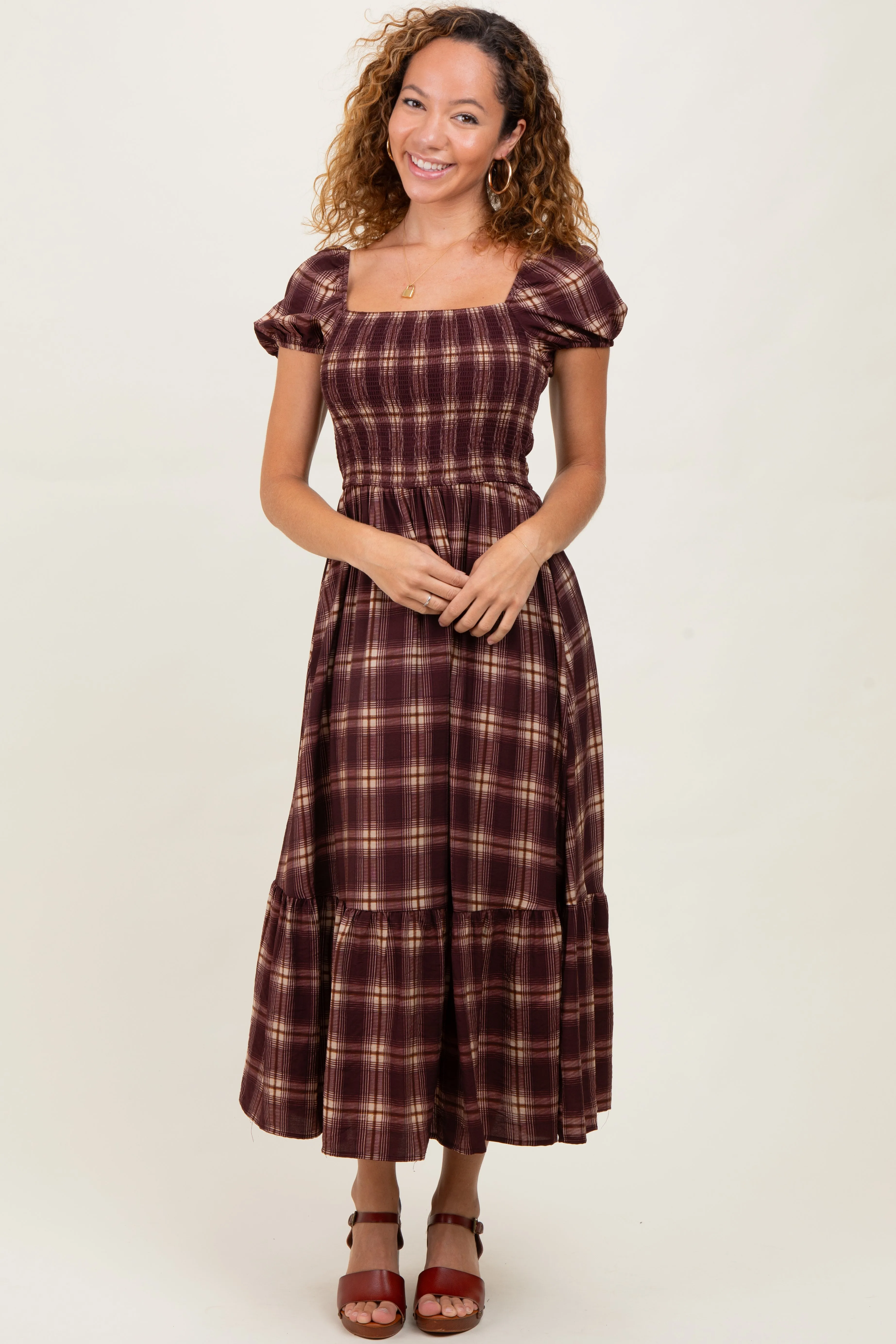 Burgundy Plaid Smocked Puff Sleeve Midi Dress sold by Pinkblush
