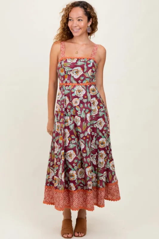 Burgundy Floral Contrast Print Sleeveless Midi Dress sold by Pinkblush