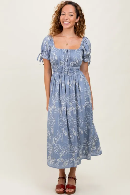 Denim Blue Floral Embroidered Midi Dress sold by Pinkblush