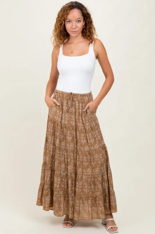 Camel Floral Drawstring Tiered Maxi Skirt sold by Pinkblush