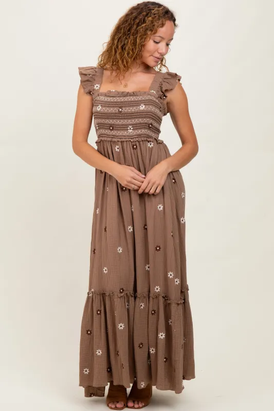 Mocha Floral Embroidered Smocked Maxi Dress sold by Pinkblush