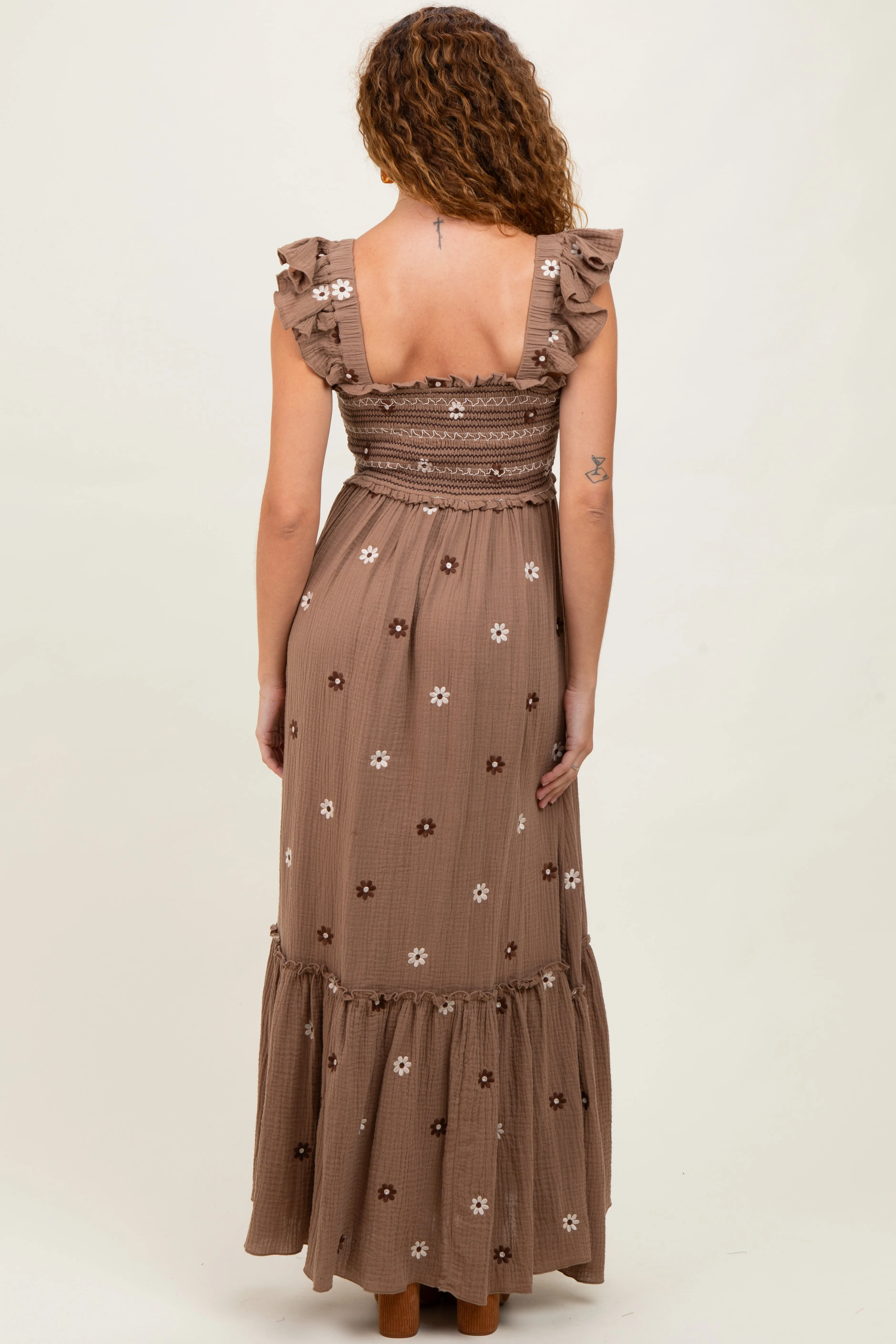 Mocha Floral Embroidered Smocked Maxi Dress sold by Pinkblush product image thumbnail 4