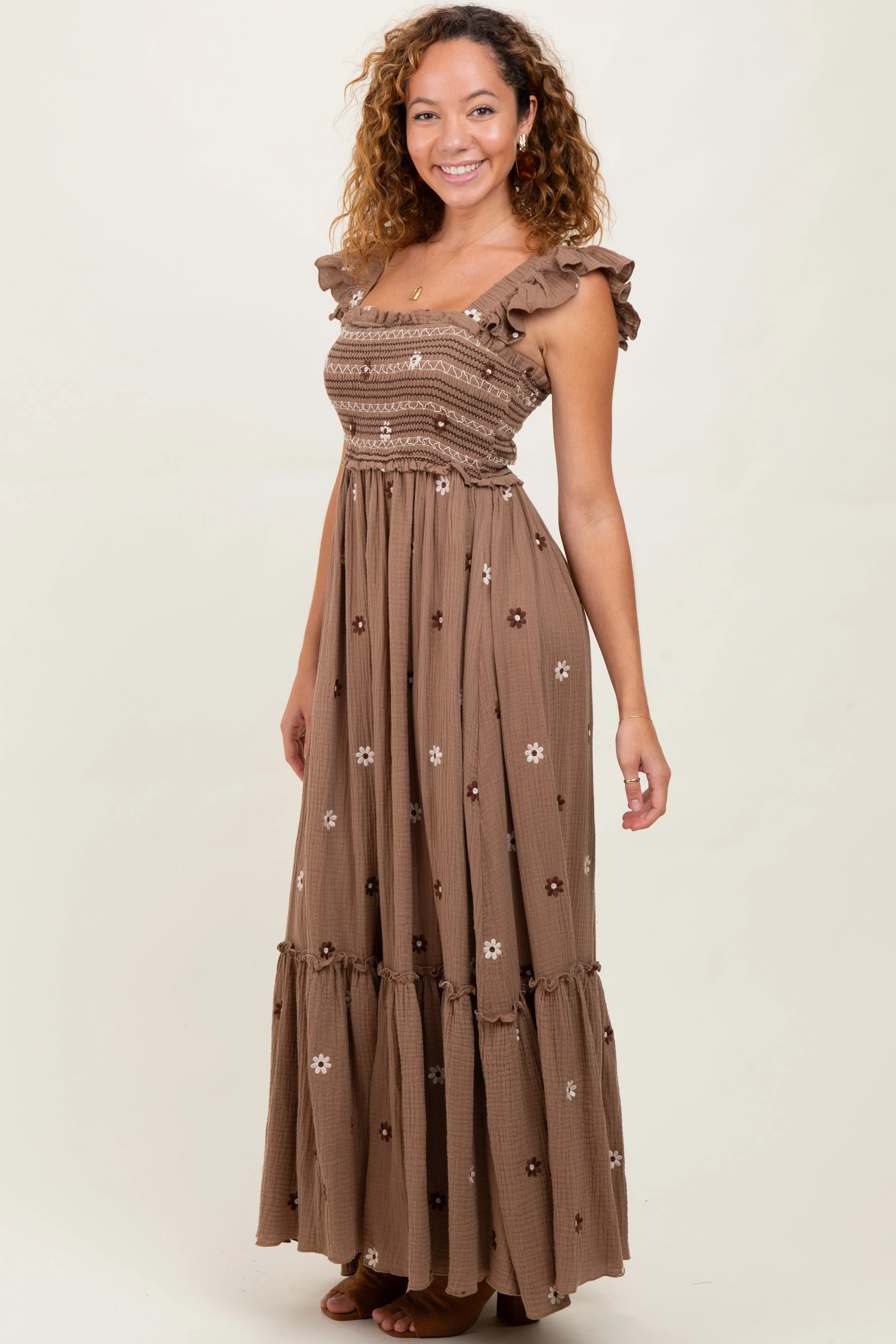 Mocha Floral Embroidered Smocked Maxi Dress sold by Pinkblush product image thumbnail 3
