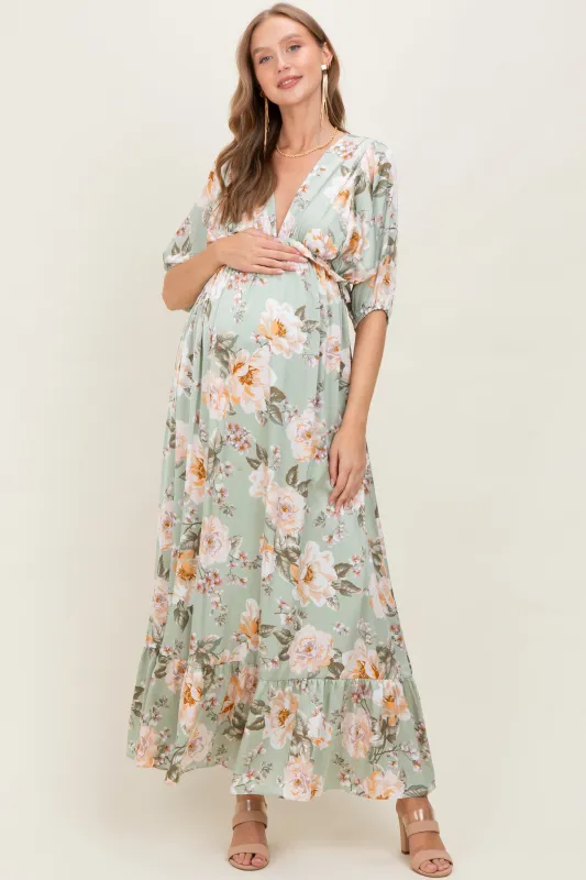 Sage Floral Print Elbow Sleeve V-Neck Tiered Maternity Maxi Dress sold by Pinkblush