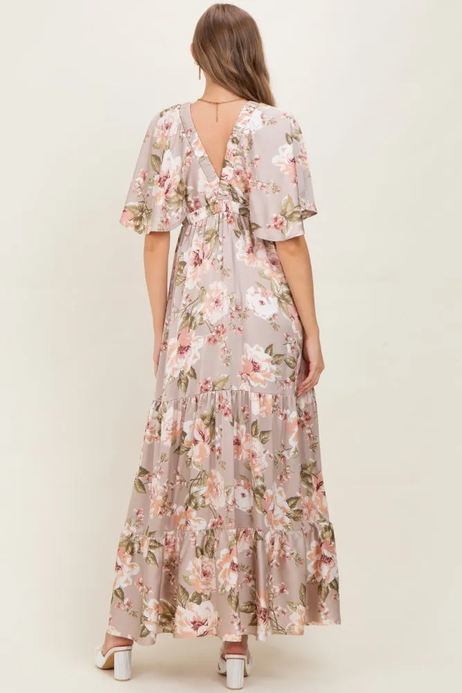 Taupe Floral Print Elbow Sleeve V-Neck Tiered Maternity Maxi Dress sold by Pinkblush product image thumbnail 4