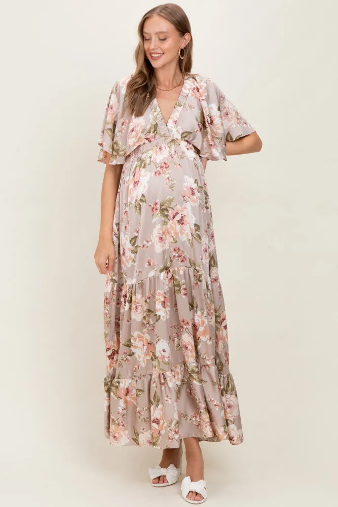 Taupe Floral Print Elbow Sleeve V-Neck Tiered Maternity Maxi Dress sold by Pinkblush
