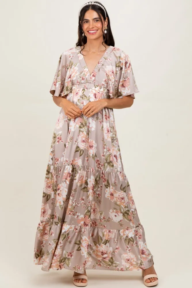 Taupe Floral Print Elbow Sleeve V-Neck Tiered Maternity Maxi Dress sold by Pinkblush product image thumbnail 5