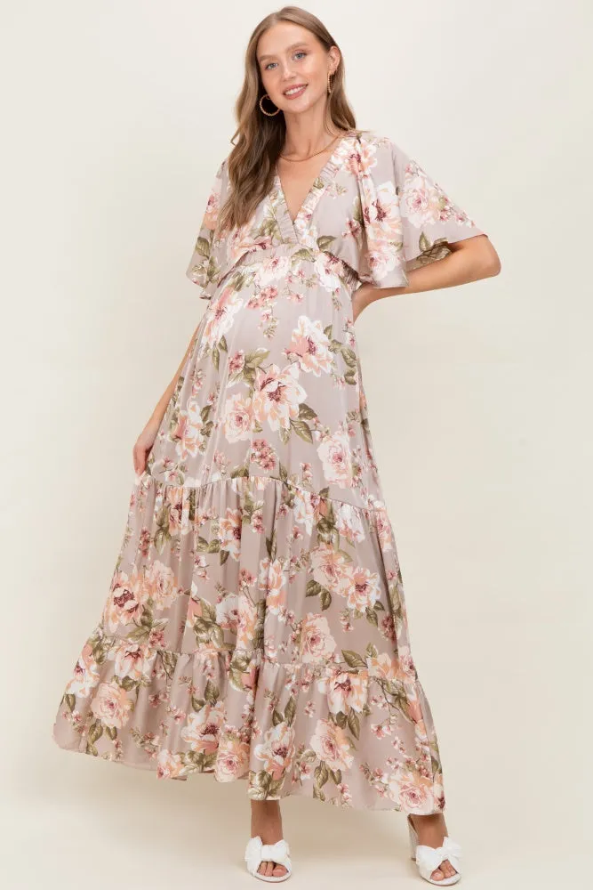 Taupe Floral Print Elbow Sleeve V-Neck Tiered Maternity Maxi Dress sold by Pinkblush product image thumbnail 2