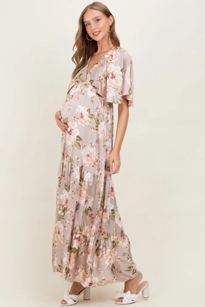 Taupe Floral Print Elbow Sleeve V-Neck Tiered Maternity Maxi Dress sold by Pinkblush product image thumbnail 3