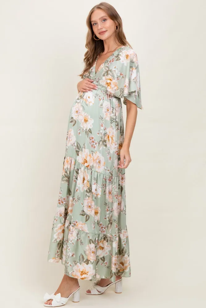 Sage Floral Print Elbow Sleeve V-Neck Tiered Maternity Maxi Dress sold by Pinkblush product image thumbnail 3