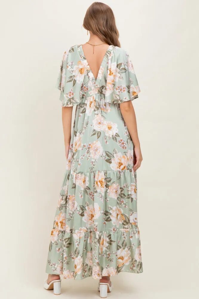 Sage Floral Print Elbow Sleeve V-Neck Tiered Maternity Maxi Dress sold by Pinkblush product image thumbnail 4