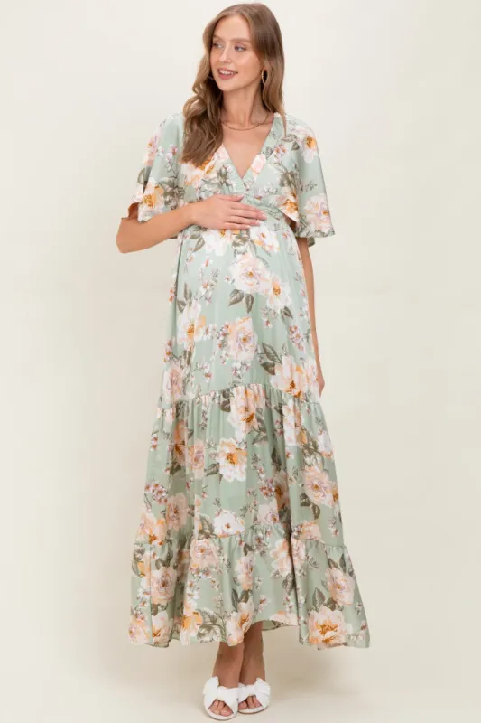 Sage Floral Print Elbow Sleeve V-Neck Tiered Maternity Maxi Dress sold by Pinkblush
