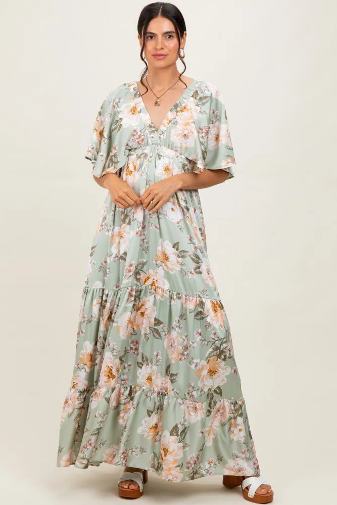 Sage Floral Print Elbow Sleeve V-Neck Tiered Maternity Maxi Dress sold by Pinkblush product image thumbnail 5