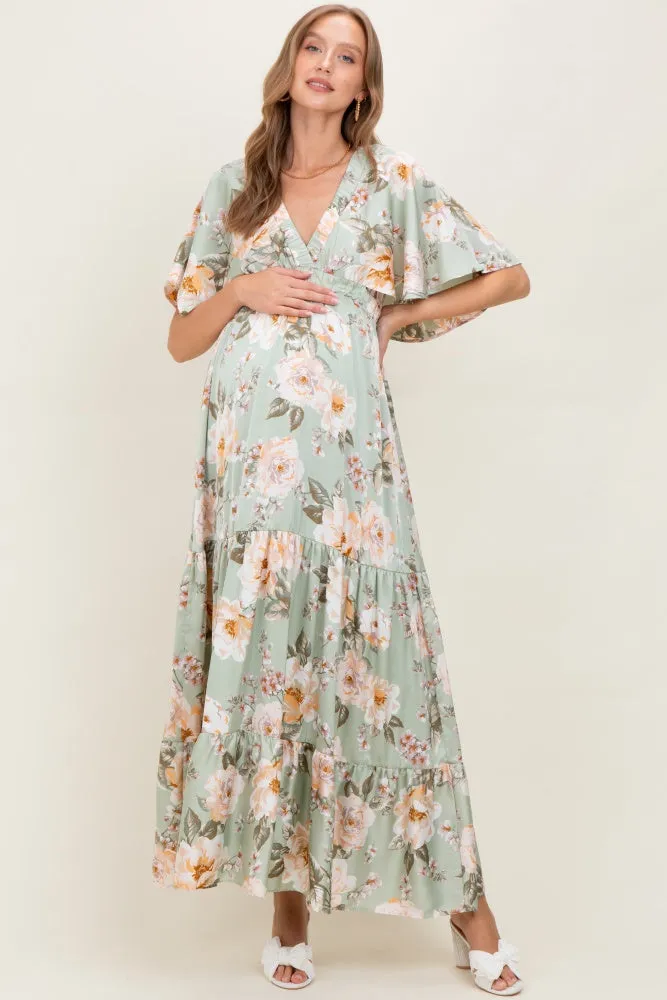 Sage Floral Print Elbow Sleeve V-Neck Tiered Maternity Maxi Dress sold by Pinkblush product image thumbnail 2