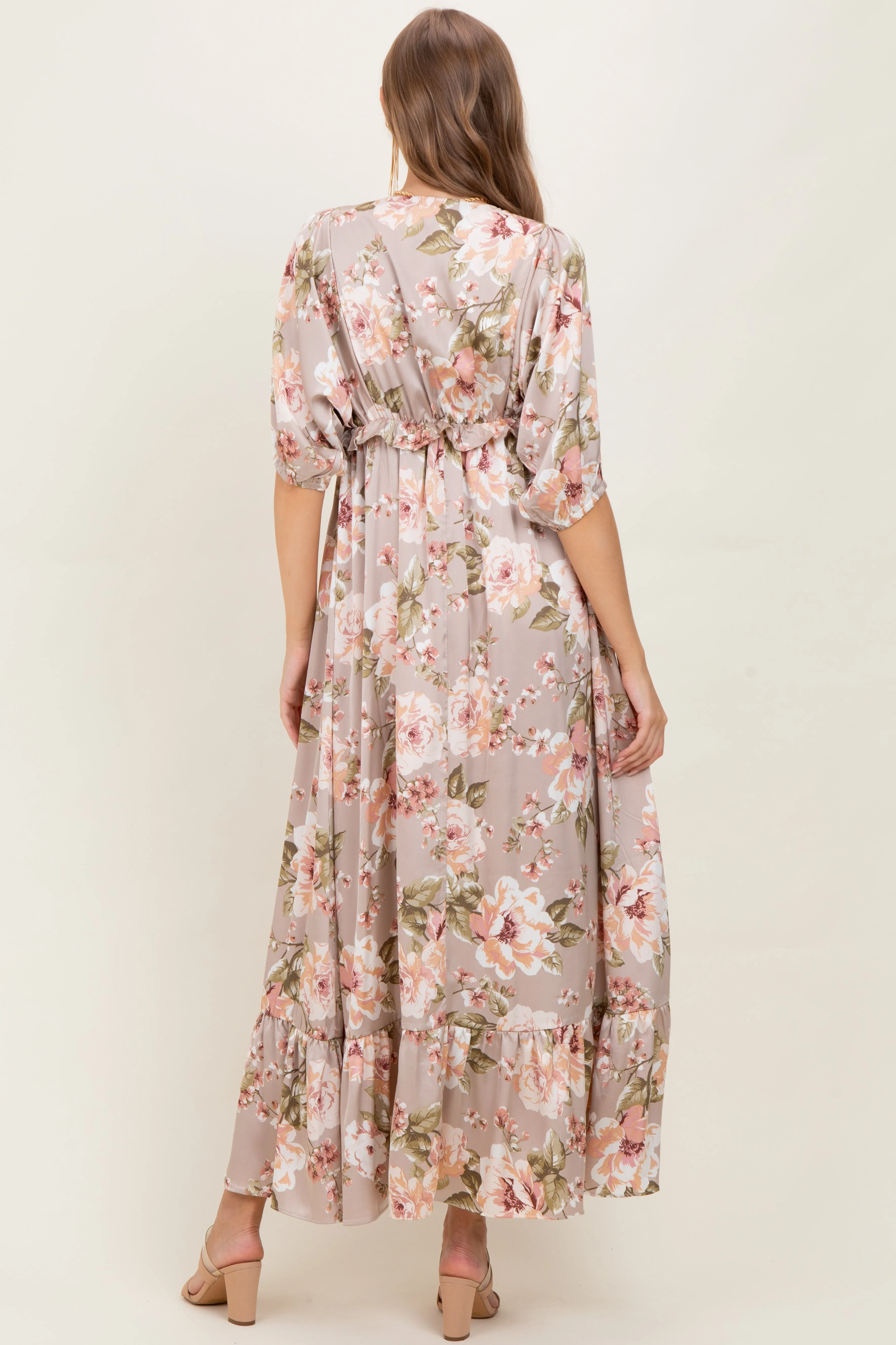 Taupe Floral Print Elbow Sleeve V-Neck Tiered Maternity Maxi Dress sold by Pinkblush product image thumbnail 4