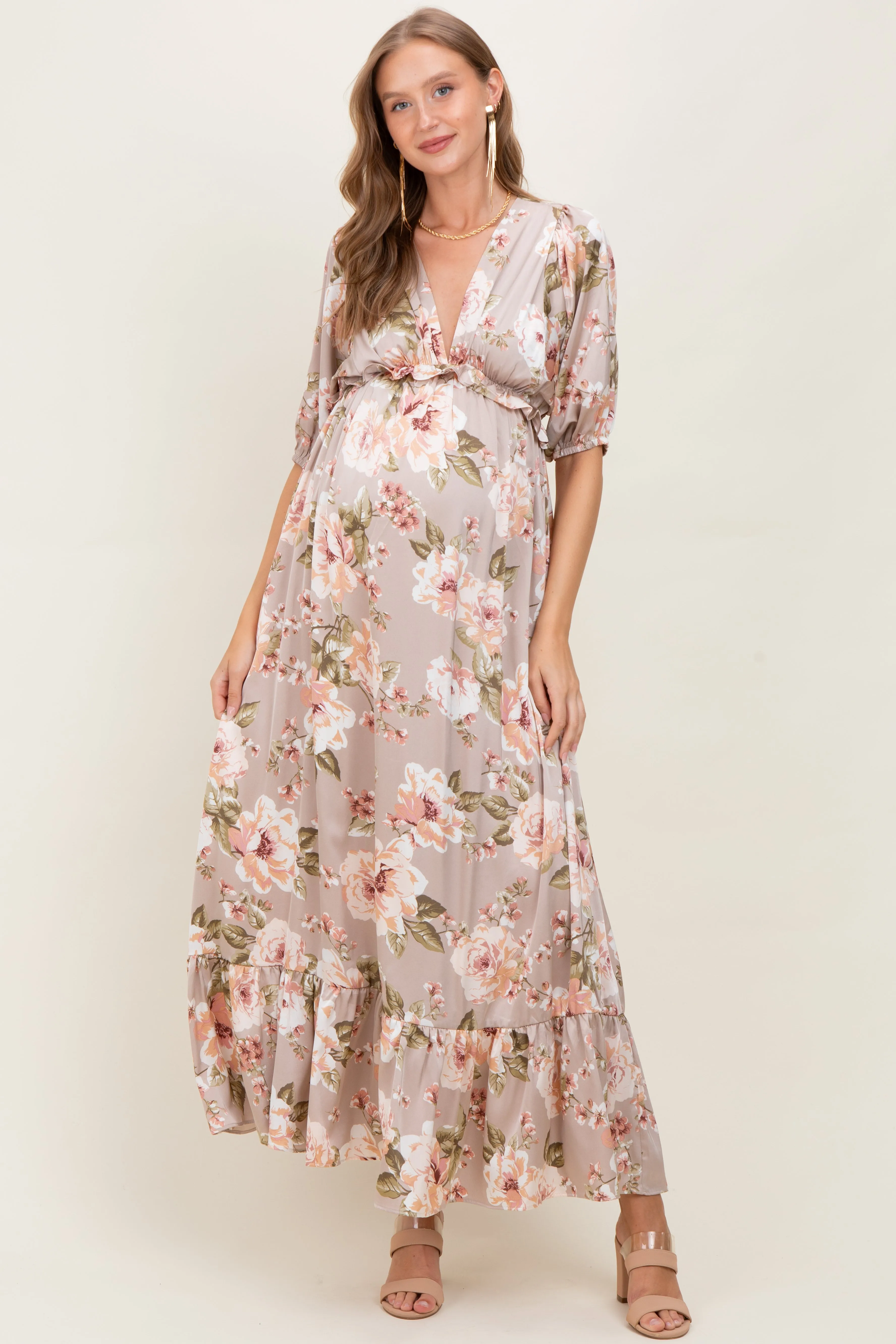 Taupe Floral Print Elbow Sleeve V-Neck Tiered Maternity Maxi Dress sold by Pinkblush