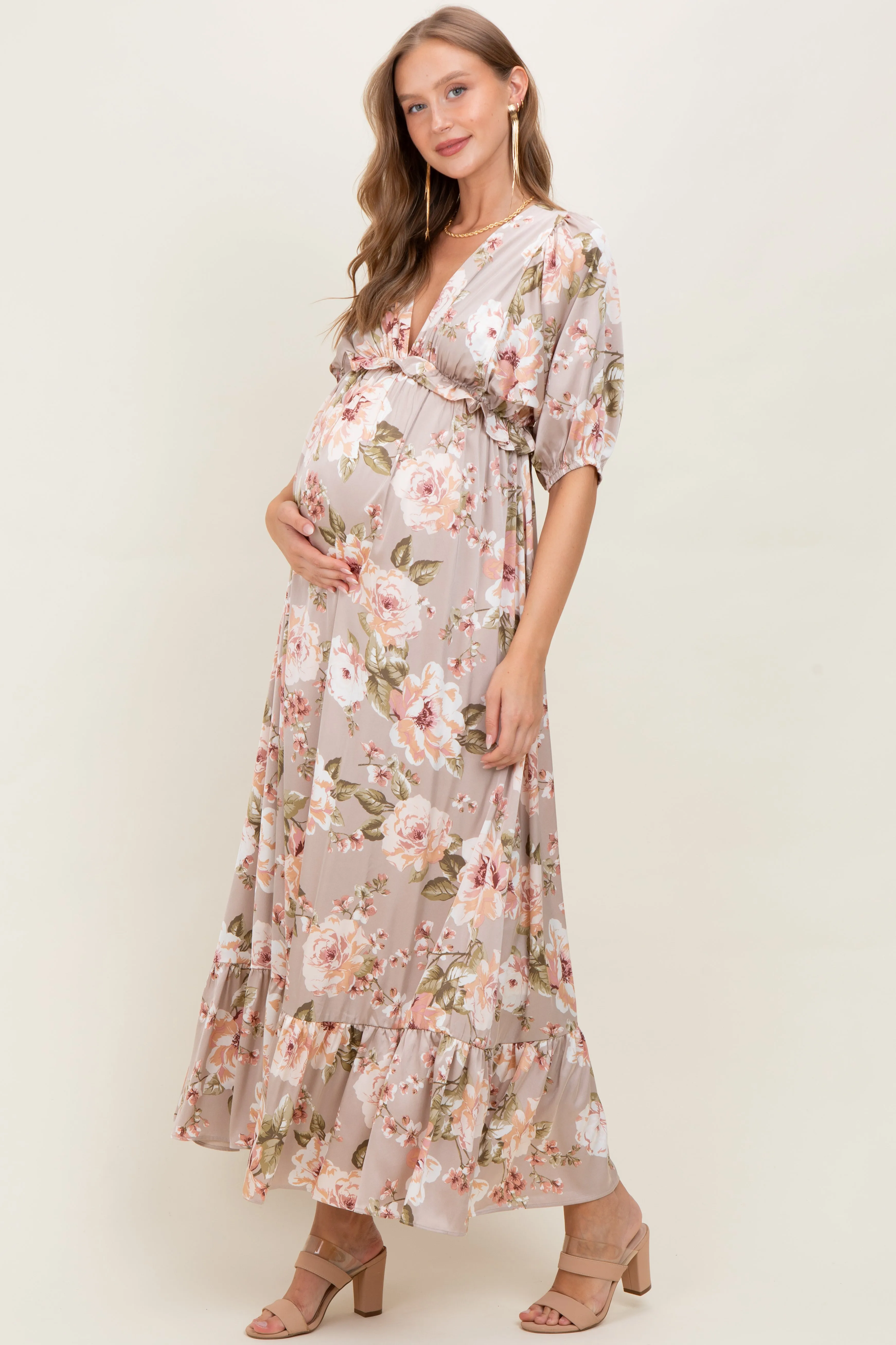 Taupe Floral Print Elbow Sleeve V-Neck Tiered Maternity Maxi Dress sold by Pinkblush product image thumbnail 3