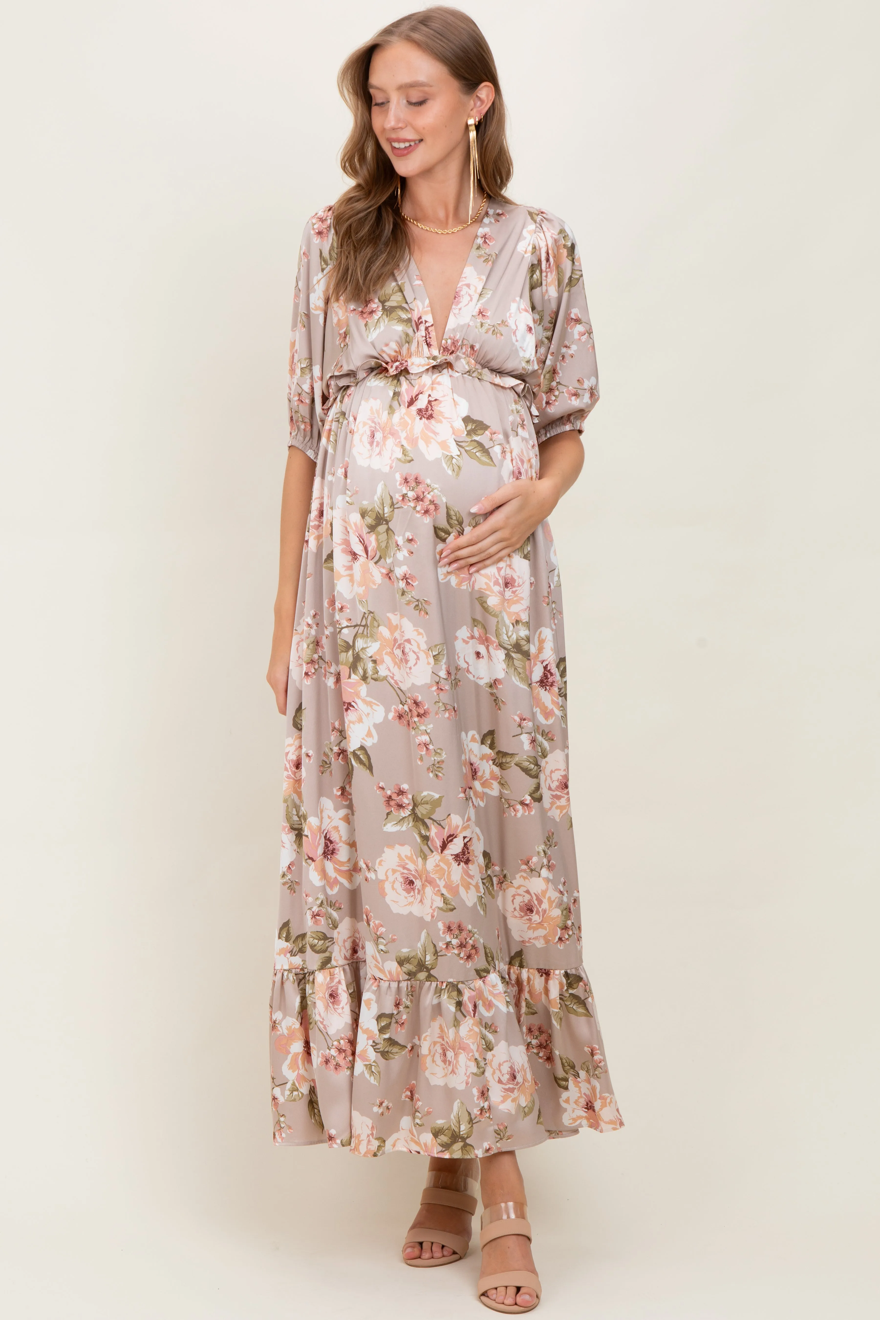 Taupe Floral Print Elbow Sleeve V-Neck Tiered Maternity Maxi Dress sold by Pinkblush product image thumbnail 2