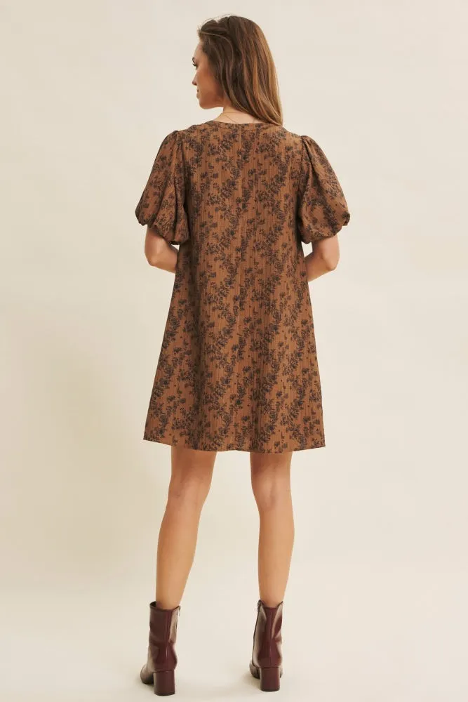 Brown Textured Floral Bubble Sleeve A-Line Mini Dress sold by Pinkblush product image thumbnail 4