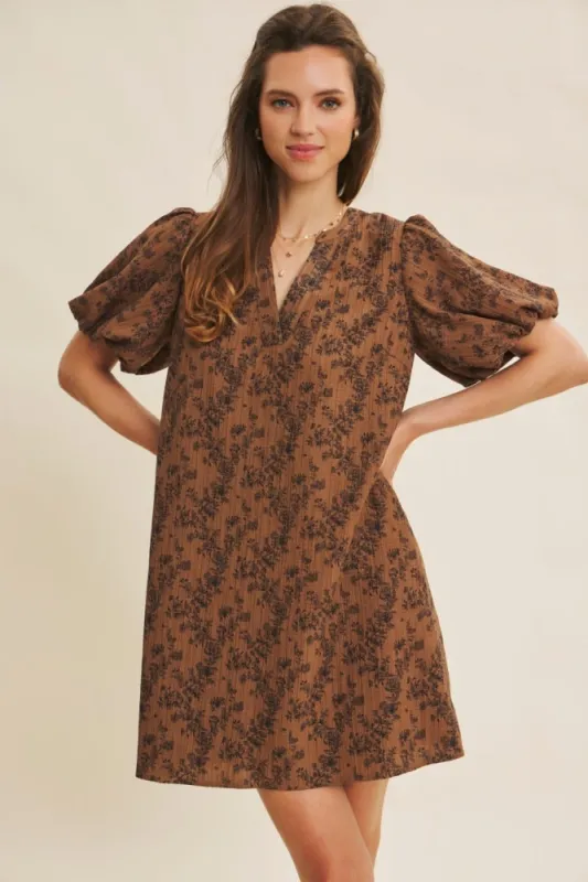 Brown Textured Floral Bubble Sleeve A-Line Mini Dress sold by Pinkblush