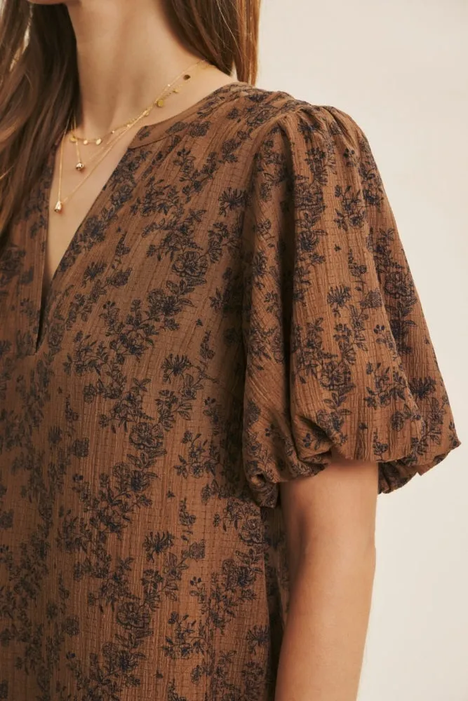 Brown Textured Floral Bubble Sleeve A-Line Mini Dress sold by Pinkblush product image thumbnail 5