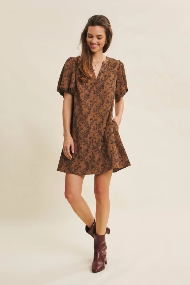 Brown Textured Floral Bubble Sleeve A-Line Mini Dress sold by Pinkblush product image thumbnail 2