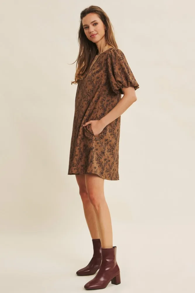 Brown Textured Floral Bubble Sleeve A-Line Mini Dress sold by Pinkblush product image thumbnail 3