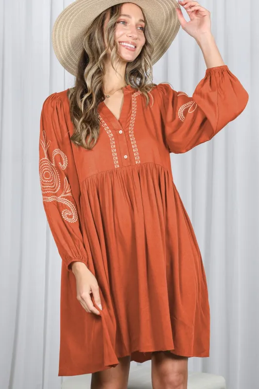 Rust Embroidered V-Neck Long Sleeve Dress sold by Pinkblush
