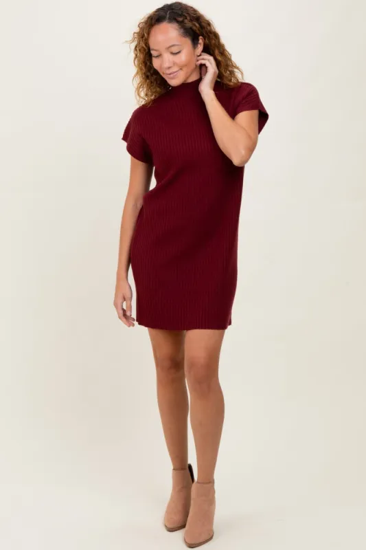 Burgundy Ribbed Knit Short Sleeve Sweater Dress sold by Pinkblush