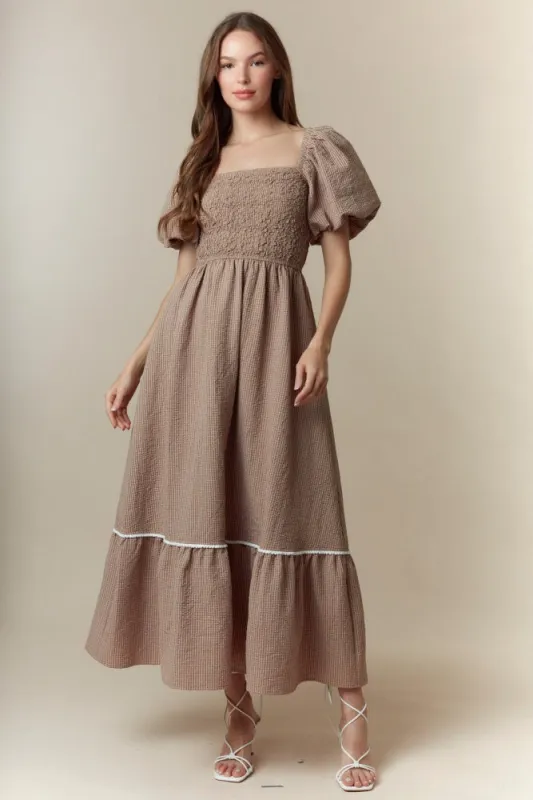 Mocha Plaid Smocked Puff Sleeve Maxi Dress sold by Pinkblush