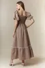 Mocha Plaid Smocked Puff Sleeve Maxi Dress sold by Pinkblush