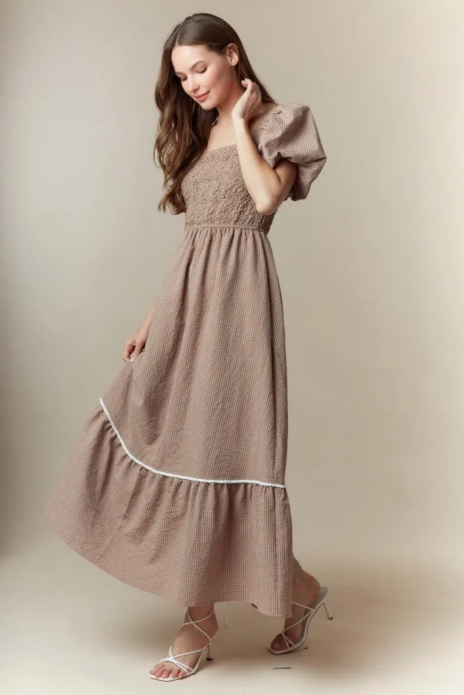 Mocha Plaid Smocked Puff Sleeve Maxi Dress sold by Pinkblush product image thumbnail 4
