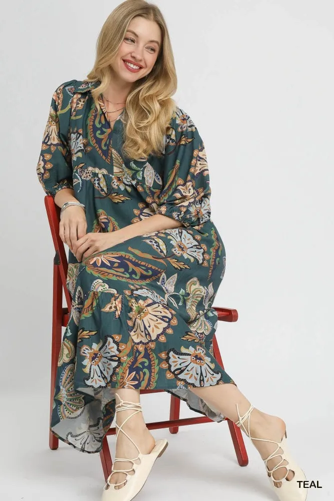 Teal Floral Collared 3/4 Sleeve Midi Dress sold by Pinkblush