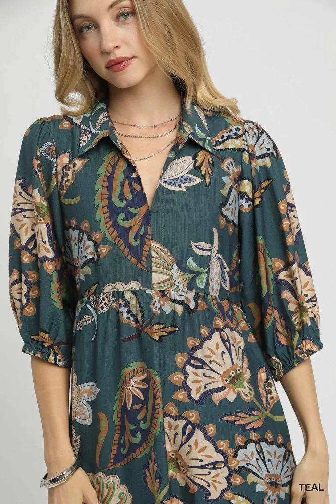 Teal Floral Collared 3/4 Sleeve Midi Dress sold by Pinkblush product image thumbnail 2