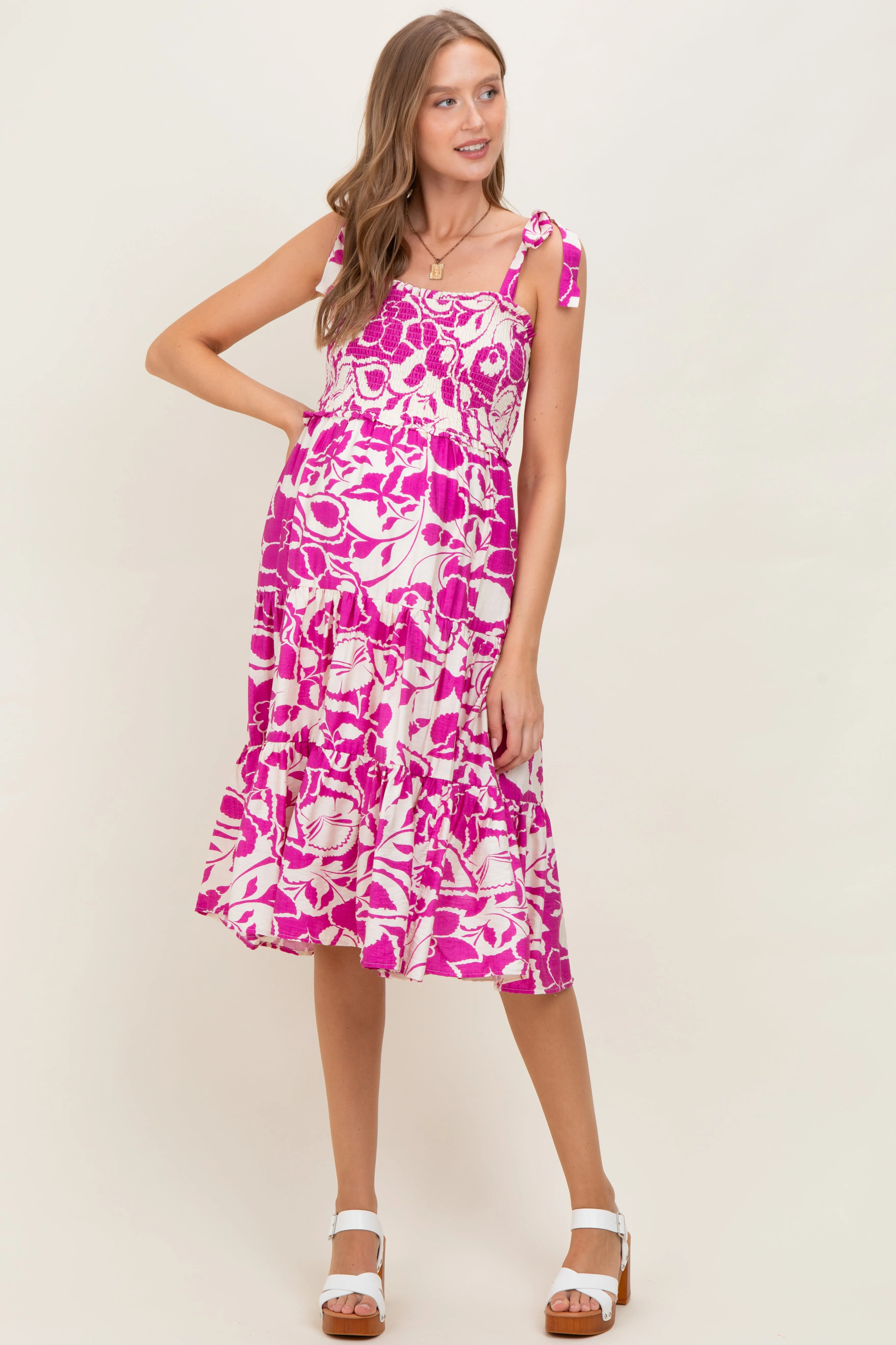 Fuchsia Bloom Floral Print Tie Strap Smocked Tiered Maternity Dress sold by Pinkblush product image thumbnail 2