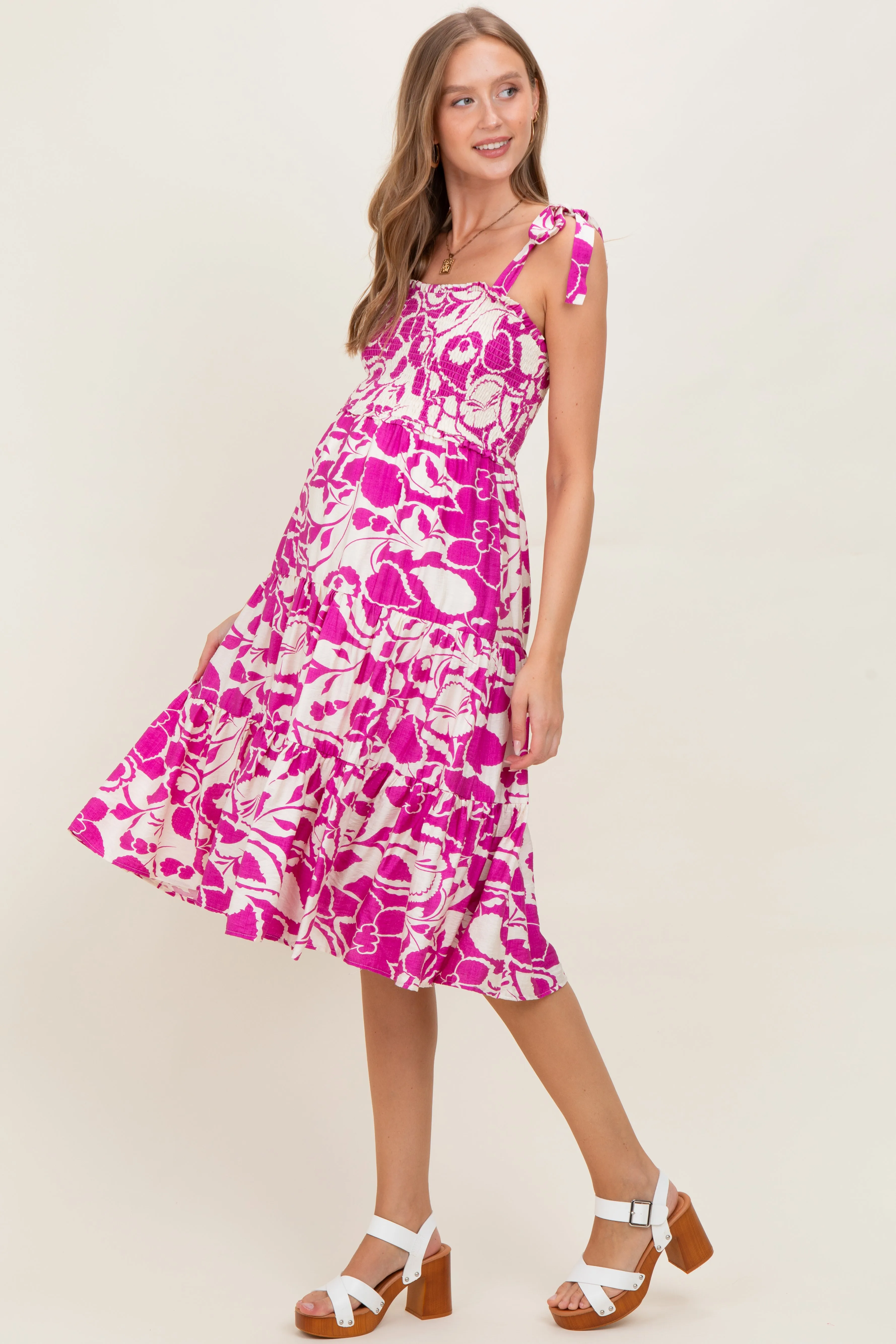 Fuchsia Bloom Floral Print Tie Strap Smocked Tiered Maternity Dress sold by Pinkblush product image thumbnail 3