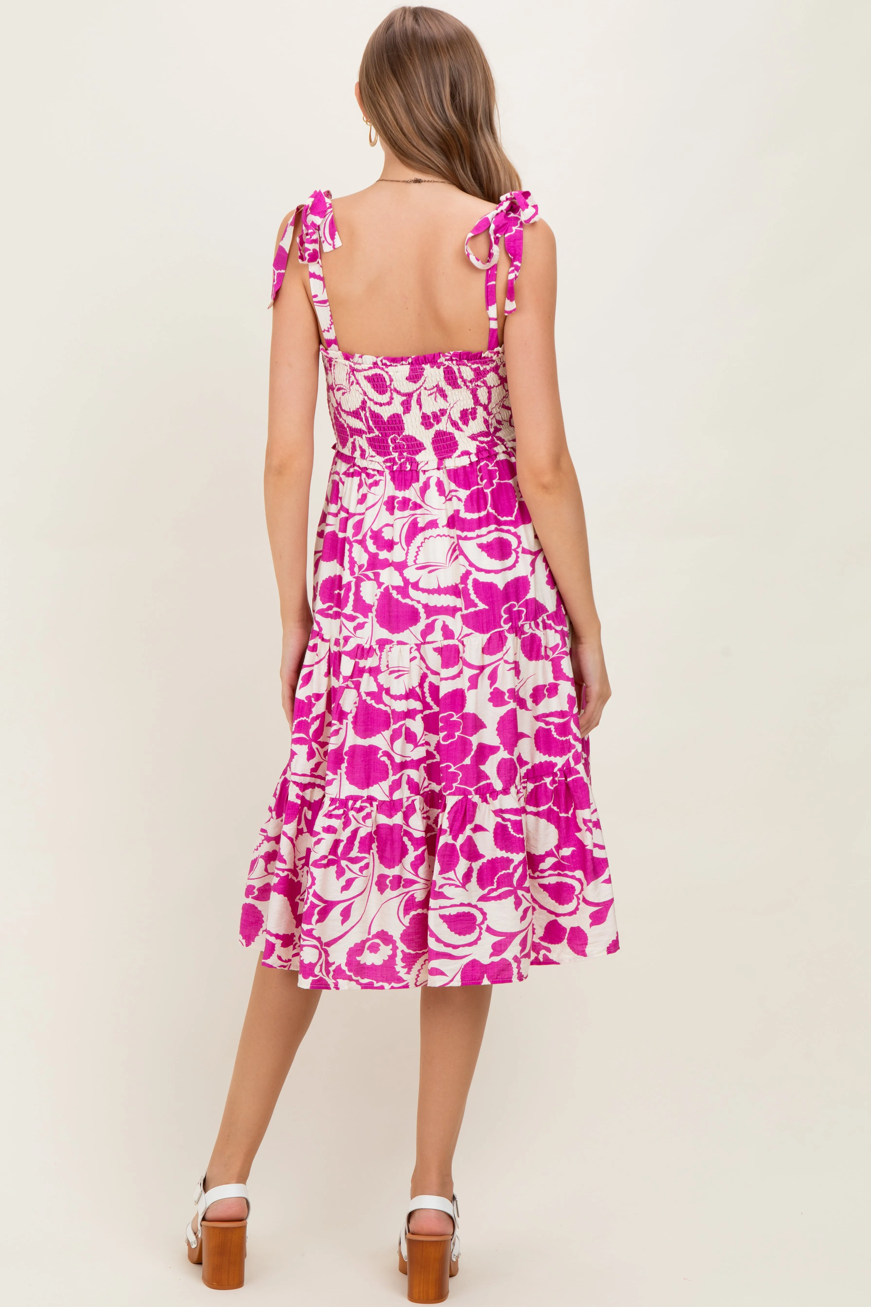 Fuchsia Bloom Floral Print Tie Strap Smocked Tiered Maternity Dress sold by Pinkblush product image thumbnail 4