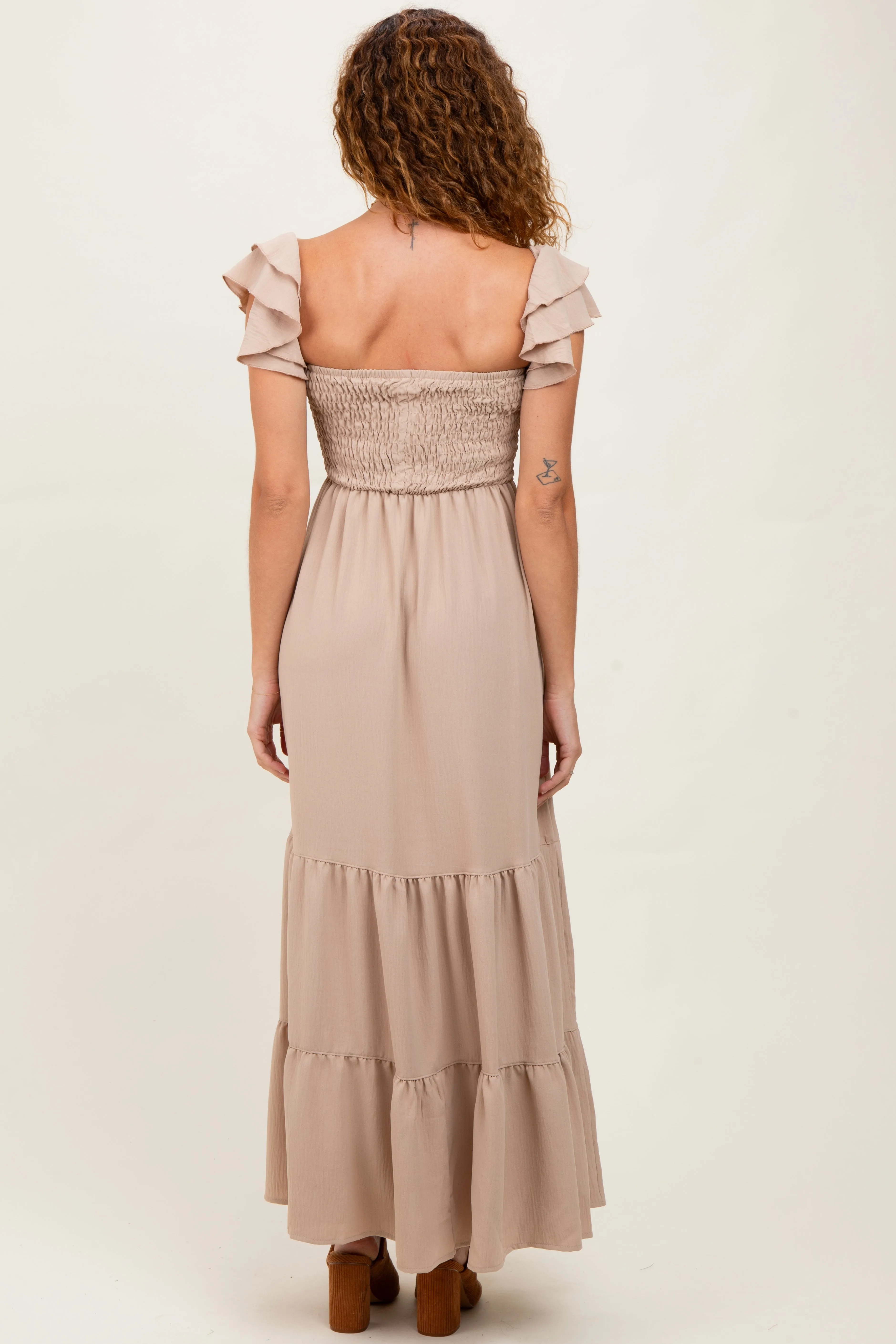 Beige Smocked Ruffle Off Shoulder Tiered Maxi Dress sold by Pinkblush product image thumbnail 4