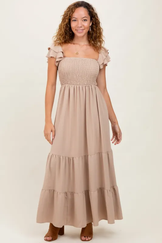 Beige Smocked Ruffle Off Shoulder Tiered Maxi Dress sold by Pinkblush