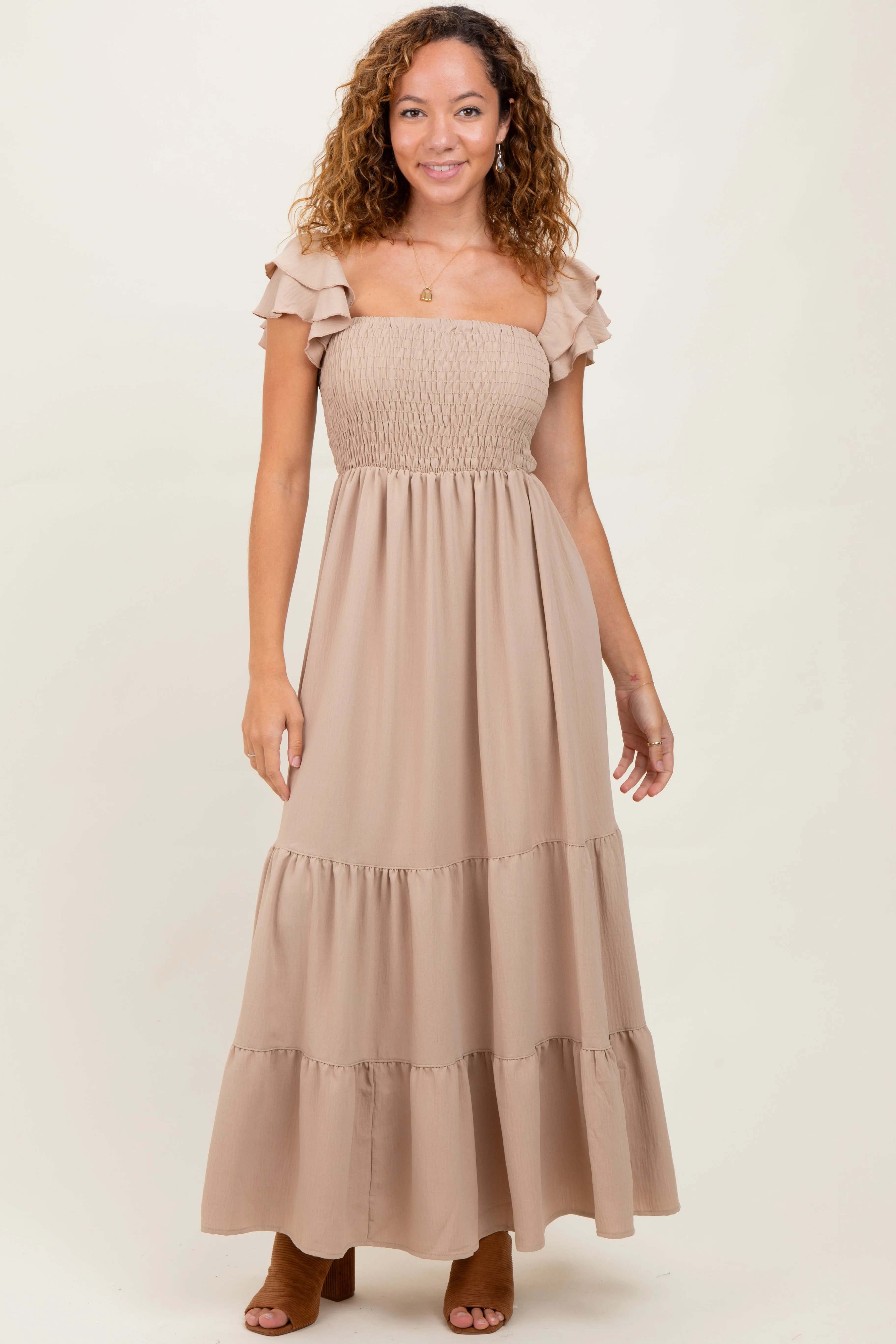 Beige Smocked Ruffle Off Shoulder Tiered Maxi Dress sold by Pinkblush